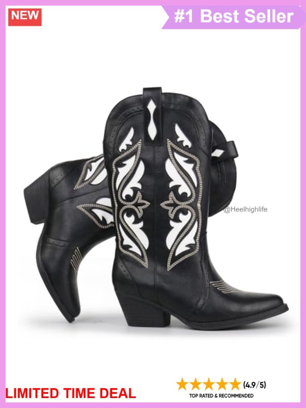 Embroidered Western Cowboy Boots Pointed Toe Chunky Block Heel Mid Calf Pull On